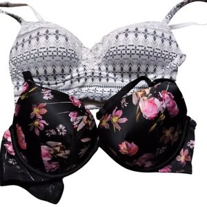 Victoria's Secret Black Floral & Gray Patterned Bra Duo